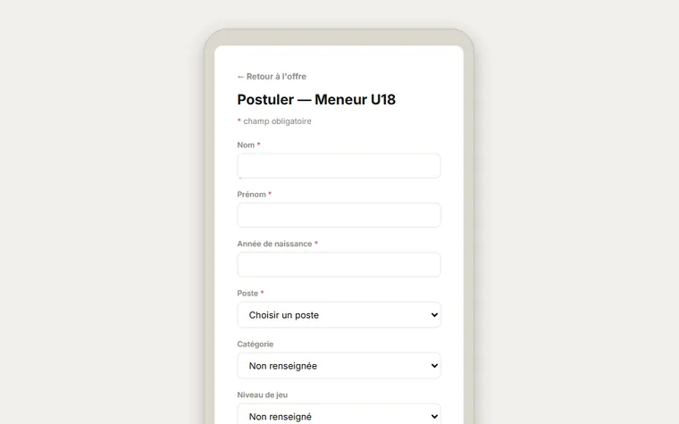 Le formulaire de candidature affiché sur un téléphone