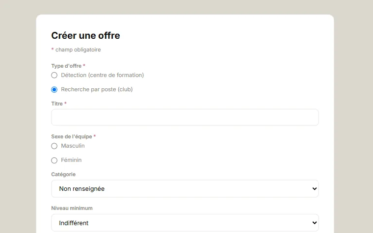 Le formulaire de création d'une offre
