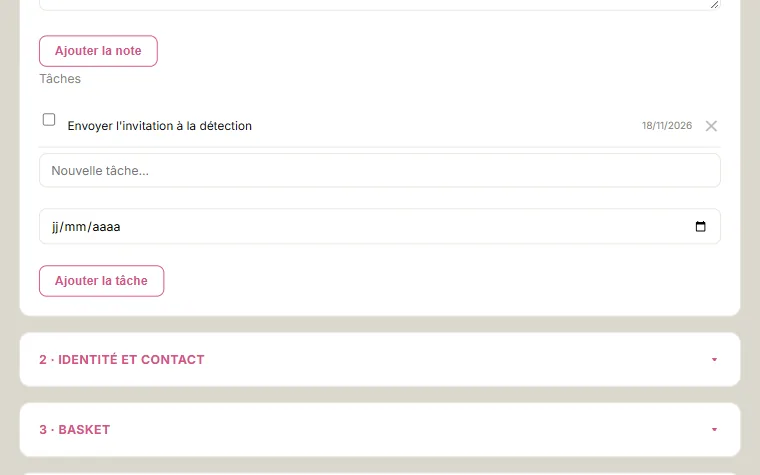 La fiche d'un joueur, avec ses rubriques Identité et contact, Basket, Scolaire et Candidatures
